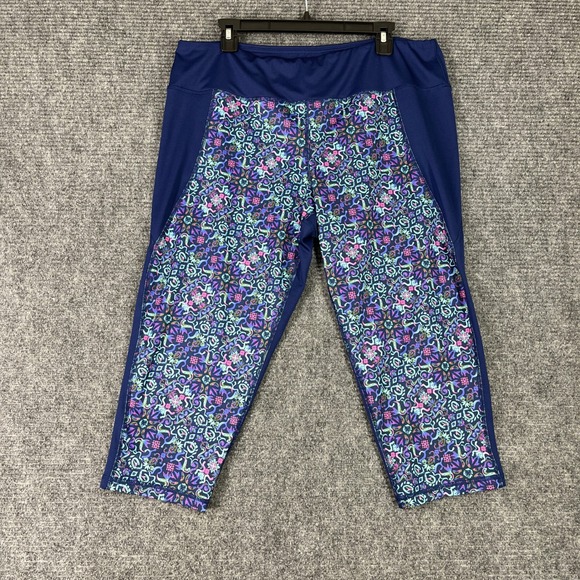 Pro Player Womens XL Capri Leggings Blue Floral Stretch Active Workout Pants - Picture 2 of 11